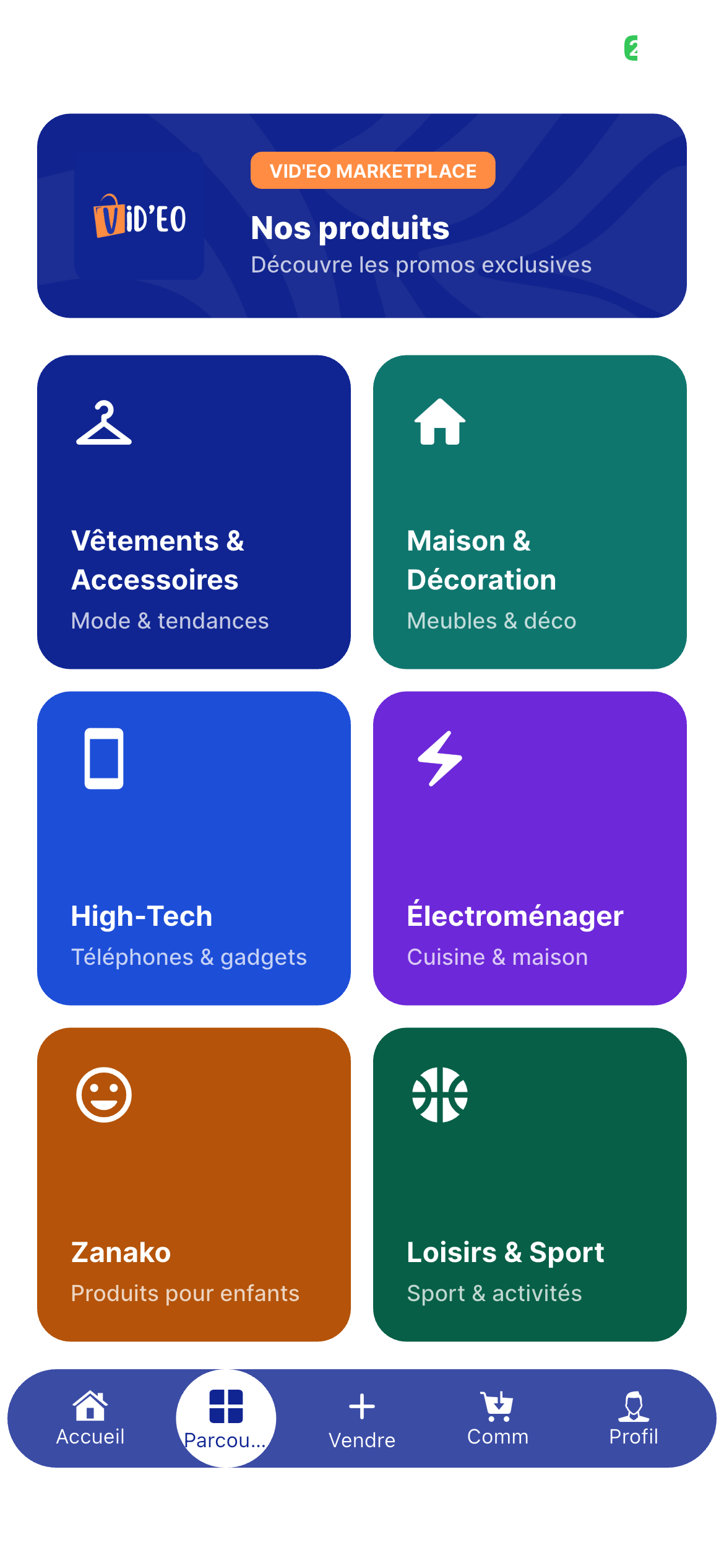 Les catégories de l’application Vid’eo : vêtements, maison, high-tech, électroménager, enfants et loisirs