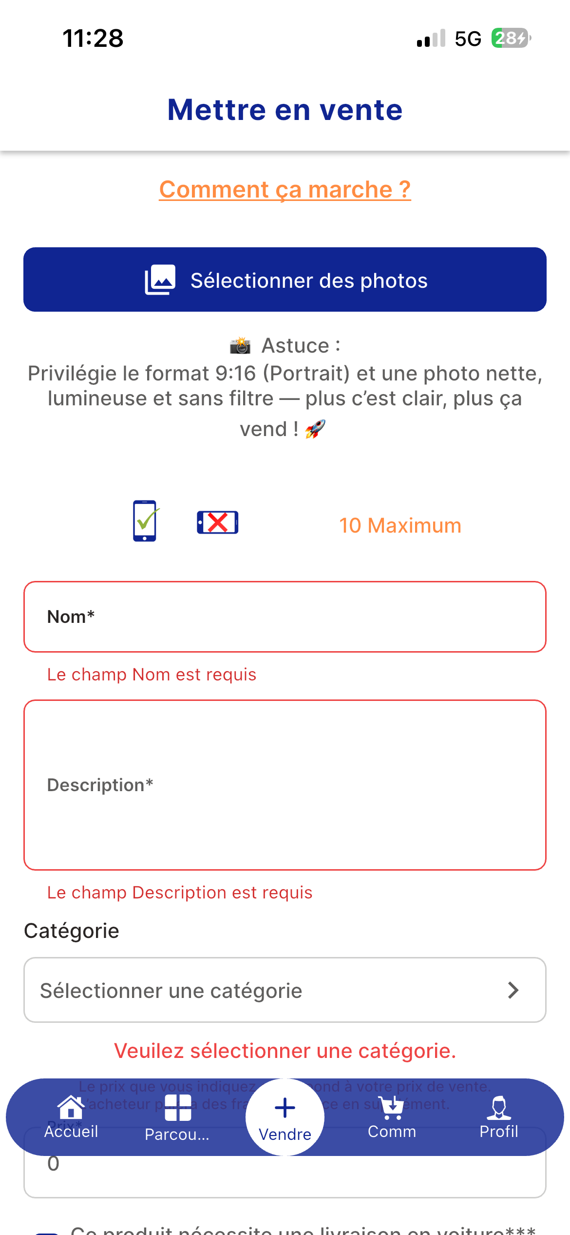 Le formulaire Mettre en vente dans l’application : sélection des photos, nom, description et catégorie